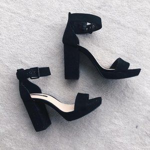 black strap velvet chunky round to triangle toe shaped square high-heeled pumps